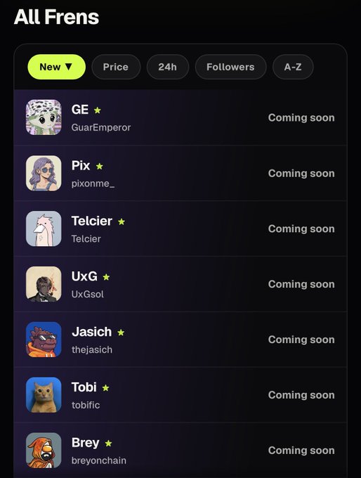 The image shows the "All Frens" page on the HoodFrens app displaying a list of upcoming NFT frens including GE (GuarEmperor), Pix (pixonme_), Telcier, UxG (UxGsol), Jasich (thejasich), Tobi (tobific), and Brey (breyonchain), all marked as "Coming soon." The post highlights that GE is already available on the HoodFrens platform, prompting users to visit the app and gacha packs before the other characters launch.