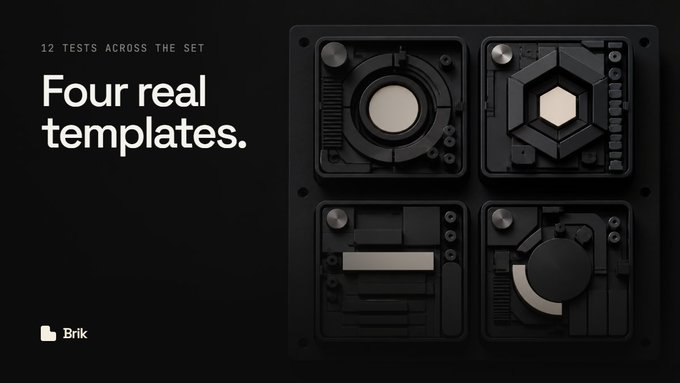 A dark promotional graphic featuring the text "12 TESTS ACROSS THE SET" and "Four real templates." alongside four intricate black 3D-rendered mechanical panels arranged in a grid, with "Brik" branding at the bottom left. The sleek, modular design aesthetic complements the post's message about building anything on Solana from a browser, visually representing the real, tangible templates available on the Brik platform.