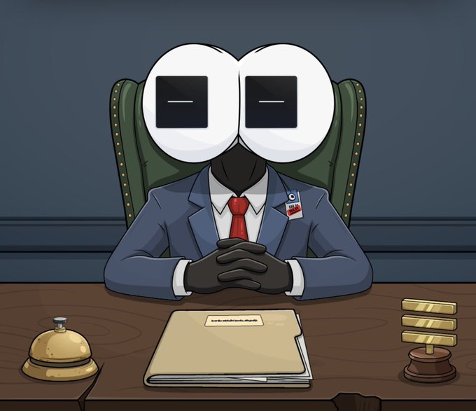 A cartoon illustration of a robot-like figure with large screen-eyes displaying horizontal lines, wearing a blue suit and red tie, sitting at a desk with a folder labeled 'TRANSFER PLAN,' a service bell, and a wooden stamp.