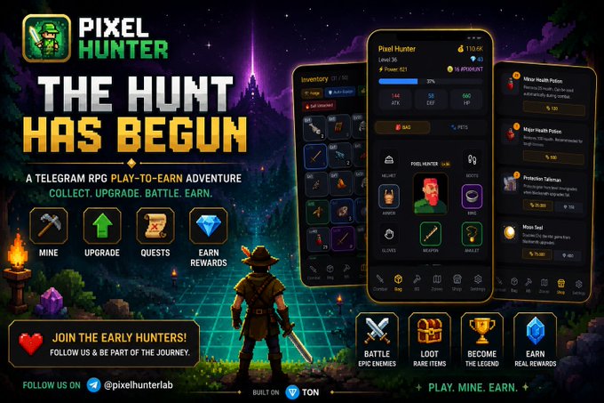 A promotional graphic for "Pixel Hunter," a Telegram RPG play-to-earn adventure built on TON, showing a pixelated hero with a sword alongside mobile app interface previews of inventory, character stats, and a quests menu, with callouts to "Mine," "Upgrade," "Quests," "Earn Rewards," and an announcement of an upcoming PinkSale presale.