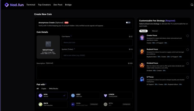 The Nad.fun interface for creating a new coin, displaying options for coin name, symbol, description, pair selection (MON, USDC, UMON, BRCB, OUSDT, SPY6), and customizable fee strategies.