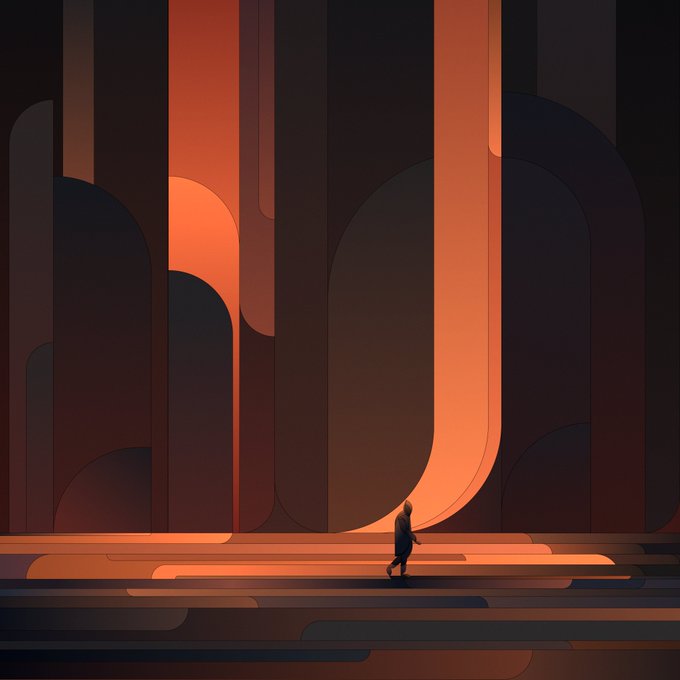 A stylized digital illustration depicting a small silhouetted figure walking through a dark, geometric environment illuminated by a single warm orange light beam.