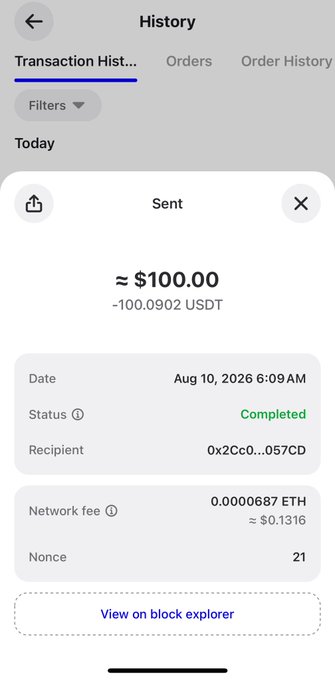 A crypto transaction history screenshot showing a completed "Sent" transaction of ≈$100.00 (100.0902 USDT) sent to recipient 0x2Cc0...057CD on Aug 10, 2026 6:09 AM, with a network fee of 0.0000687 ETH (~$0.1316). The image documents a $100 USDT transfer, playfully tying into the "Congrats / Who is next" message as evidence of a completed crypto giveaway or peer-to-peer send.