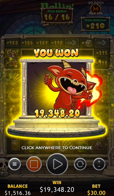 Slot machine game screen showing a 'YOU WON' celebration with a cartoon red dragon holding a flaming trident, displaying a win amount of 19,348.20, with a balance of $1,516.36 and bet of $30.00.