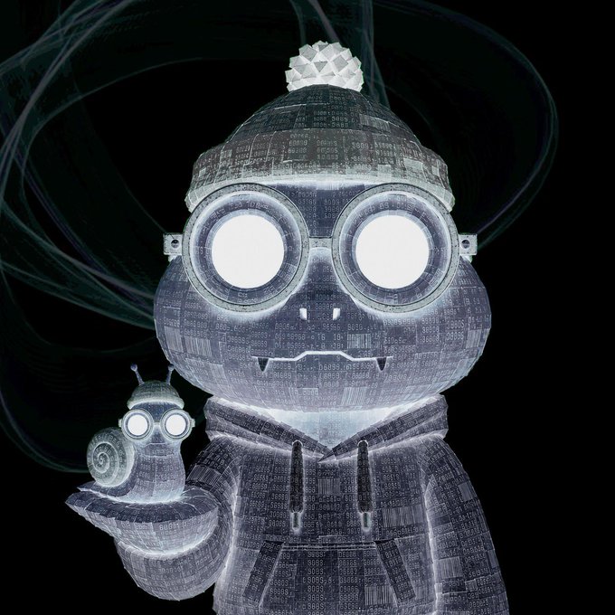 A cartoon character wearing a beanie and large round goggles is holding a small snail with glowing eyes, both rendered in a translucent, matrix-style digital aesthetic featuring streams of binary code and data text such as "T06%", "H03%", and numerical sequences like "0.969" across their bodies. The image creatively visualizes the crypto and data-focused theme of the post, fitting the "crypto nerds" weekend greeting.