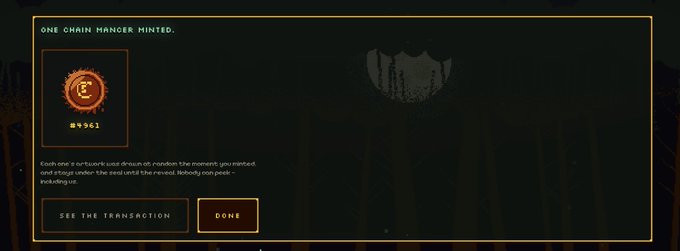 Dark game interface showing a notification 'ONE CHAIN HANGER MINTED' with a Sun-like NFT icon labeled 'BM961' and buttons for 'SEE THE TRANSACTION' and 'DONE.'