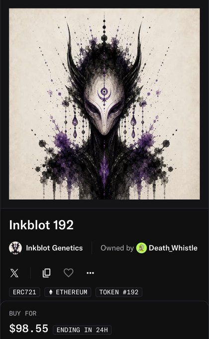 The image displays an auction item for a mask with an intricate design featuring black, purple, and white colors that resembles a dragon or other fantastical creature. The price of the item is $98.55, but there are other sellers offering masks at different prices. One seller has a "For Sale" sign indicating that they're willing to sell their mask for $96.55.