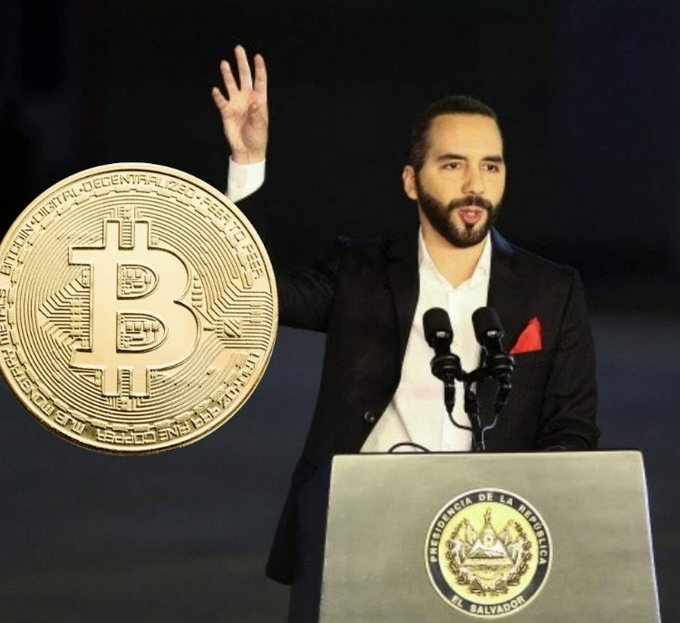 A man with a beard stands at a podium bearing the seal of the President of El Salvador, speaking into microphones with one hand raised, while a large Bitcoin graphic is superimposed on the left.