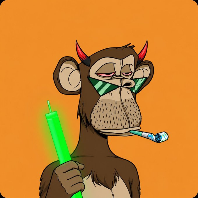 A cartoon illustration of a brown monkey wearing green striped sunglasses, smoking a joint, and holding a glowing green lightsaber against a solid orange background.