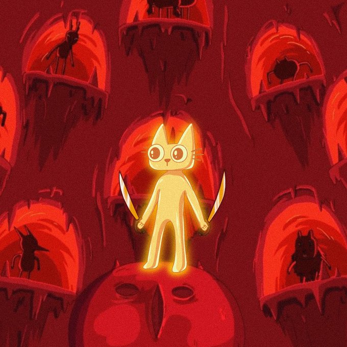 A glowing, golden cat-like warrior stands triumphantly atop a skull, holding two curved blades amid a fiery red realm populated by shadowy figures in arched niches. The radiant feline figure embodies the commanding entrance of $cets, reigning as an unstoppable force within its dark, infernal domain.