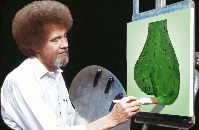 Painter Bob Ross smiles while holding a brush and palette next to a canvas featuring a green tree-like shape.