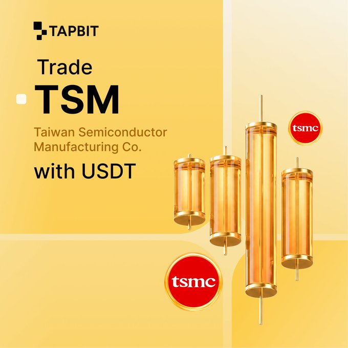 A yellow TapBit advertisement promoting the ability to 'Trade TSM (Taiwan Semiconductor Manufacturing Co.) with USDT', featuring TSMC logos and gold candlestick graphics.