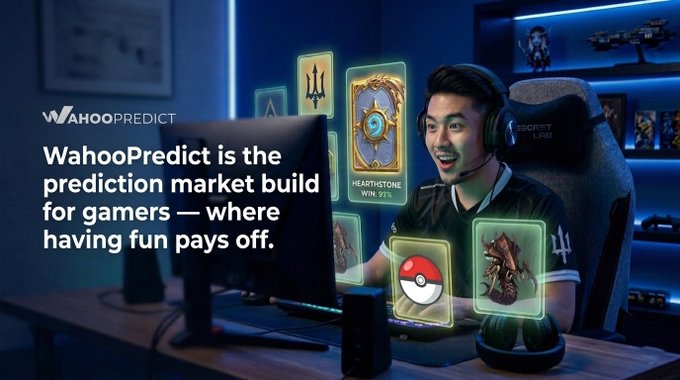 An advertisement for 'WahooPredict' describes it as a prediction market for gamers where having fun pays off, featuring a smiling man wearing a headset at a gaming setup with Hearthstone and other game cards floating around him.