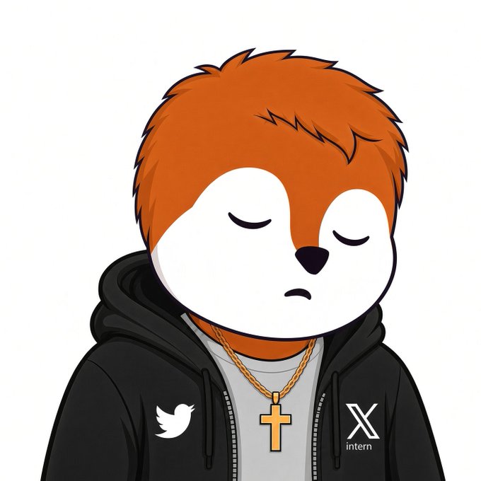 A cartoon illustration of a character with fox-like features, orange hair, and closed eyes, wearing a black hoodie with a Twitter logo and "X intern" text, accessorized with a cross necklace.