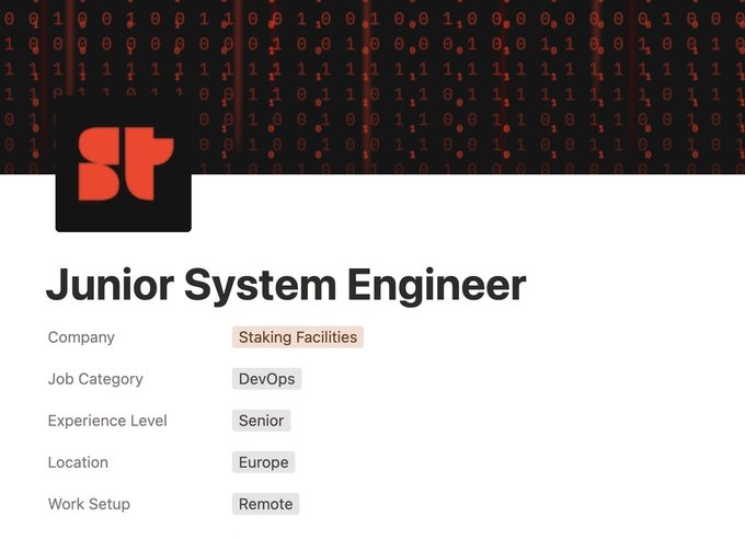A job listing card with the Superfluid (SF) logo over a red binary code background, advertising a "Junior System Engineer" position at Staking Facilities in the DevOps category, Senior level, located in Europe with Remote work setup.