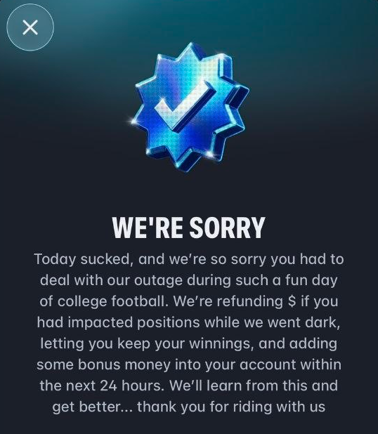 The image shows an apology notice from Polymarket US titled "WE'RE SORRY" featuring a blue badge with a checkmark, addressing a 5-hour outage during college football and promising refunds plus bonus money within 24 hours—illustrating how Polymarket compensated affected users, in contrast to the post's claim that competitor Kalshi clawed back funds after paying out the wrong side of a market.