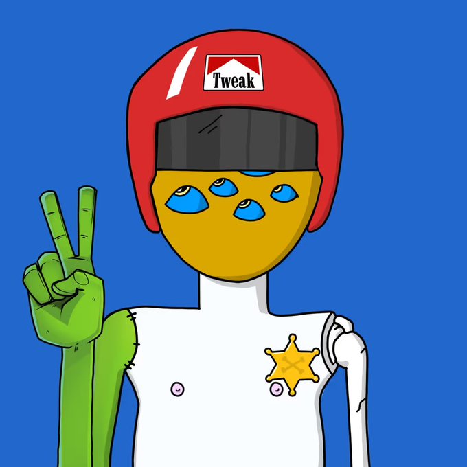A cartoon illustration of a yellow-skinned character wearing a red helmet labeled "Tweak" and a sheriff's badge, with four blue eyes and a green hand making a peace sign against a blue background.