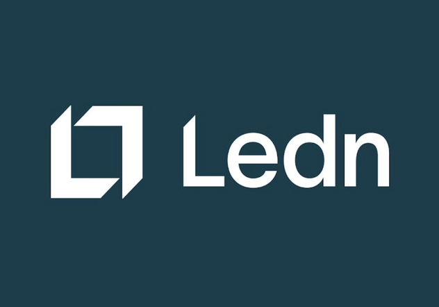 A dark blue graphic displays the white Ledn logo, featuring a geometric square icon next to the company name.