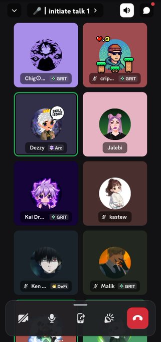 A mobile app interface for a group voice chat titled 'initiate talk 1,' displaying a grid of user avatars with names like Chig, crip..., Dezzy, Jalebi, Kai Dr..., kastew, Ken, and Malik, each tagged with interests like GRIT, Arc, or DeFi.