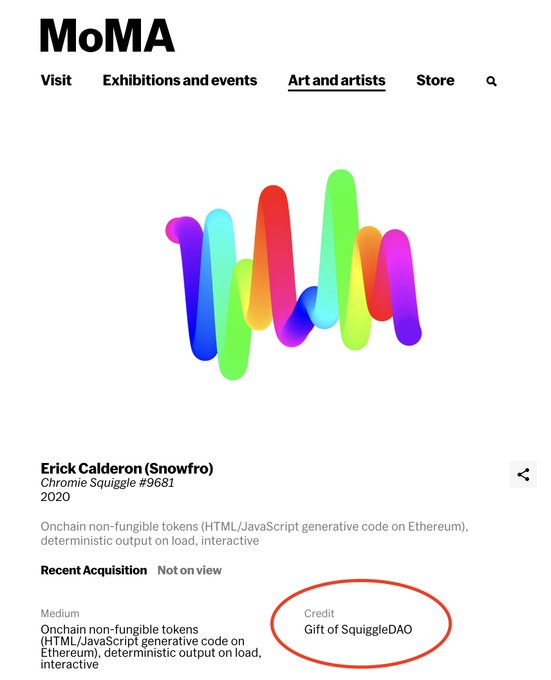 A screenshot of the MoMA website displaying Erick Calderon's (Snowfro) 'Chromie Squiggle #9681' from 2020, a generative NFT artwork on Ethereum, with a red circle highlighting 'Credit: Gift of SquiggleDAO'.