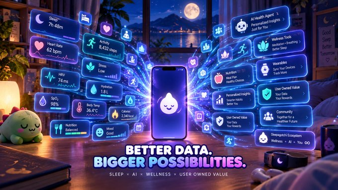 A vibrant promotional graphic displays a smartphone at the center surrounded by floating data panels for sleep, activity, heart rate, and wellness, with the text 'BETTER DATA, BIGGER POSSIBILITIES. SLEEP, AI, WELLNESS, USER OWNED VALUE'.