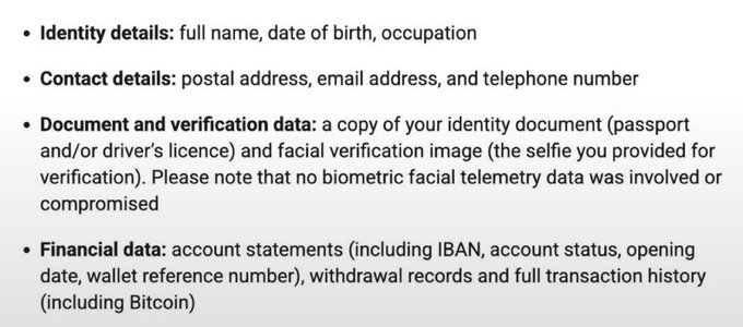 The image displays a bulleted list of data types (identity, contact, document/verification, and financial data) that were compromised in a data breach, specifically noting account details including IBAN, transaction history, and Bitcoin records. 

The caption critiques the post's framing of EU regulations (KYC, AML, SoF, MiCA), using this breach disclosure as evidence that such compliance frameworks ironically expose customers to greater risk by requiring platforms to collect and store extensive sensitive personal and financial data.