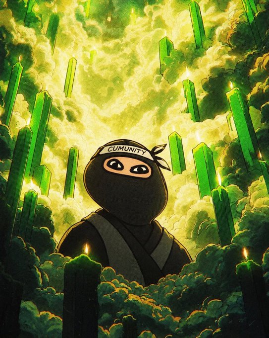 A stylized digital illustration of a ninja character wearing a headband labeled 'CUMUNITY', surrounded by floating green crystalline candles and a green smoky background.