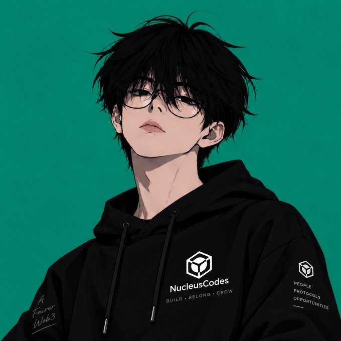 An anime-style illustration of a young man with messy black hair and glasses wearing a black hoodie that reads 'NucleusCodes BUILD • BELONG • GROW' against a green background.