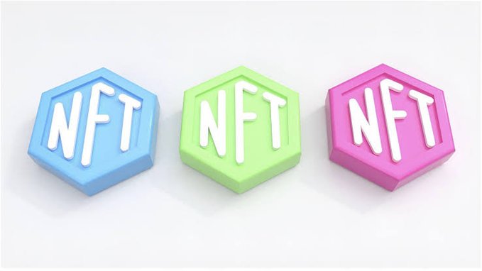Three hexagonal NFT tokens in blue, green, and pink colors, each displaying the letters 'NFT' in white 3D text against a white background.