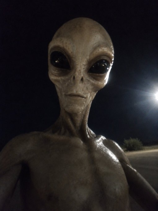 The image shows a CGI rendering of a humanoid alien with an elongated head, large black eyes, and a thin neck, photographed at night. The caption "humanois inferiores possuem tecnologias interessantes de gravação" (Portuguese for "inferior humans have interesting recording technologies") humorously depicts the alien observing or photographing the camera/photographer, as if documenting human technology from their perspective.