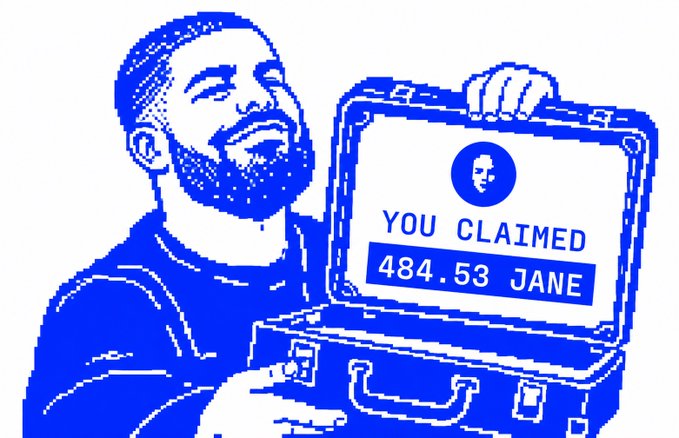A blue and white illustration of a smiling bearded man holding open a briefcase displaying a screen that reads 'YOU CLAIMED 484.53 JANE'.