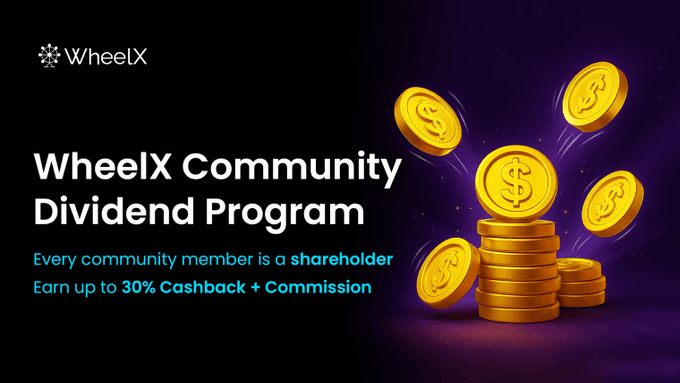 A WheelX promotional banner advertising the "WheelX Community Dividend Program" with the tagline "Every community member is a shareholder — Earn up to 30% Cashback + Commission," featuring gold dollar coins stacked against a purple background. The caption aligns with the post by emphasizing WheelX's cashback rewards in USDT—offering tangible monetary value rather than speculative points—and their shareholder-style community benefits.