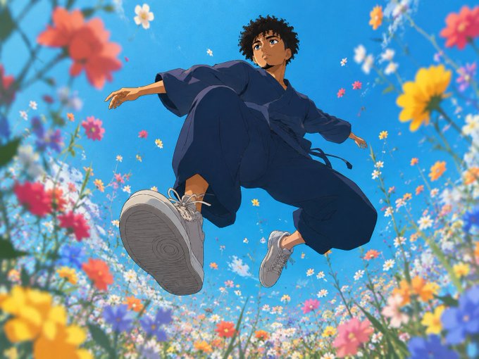Anime-style illustration of a person in dark blue traditional clothing leaping joyfully through a field of colorful flowers against a bright blue sky.