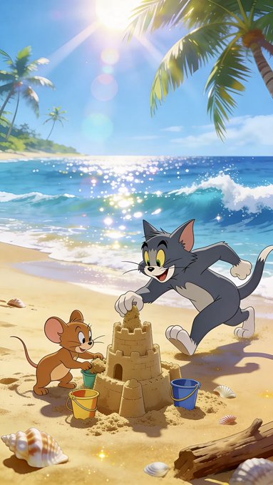 A cartoon illustration of Tom and Jerry building a sandcastle together on a sunny tropical beach.
