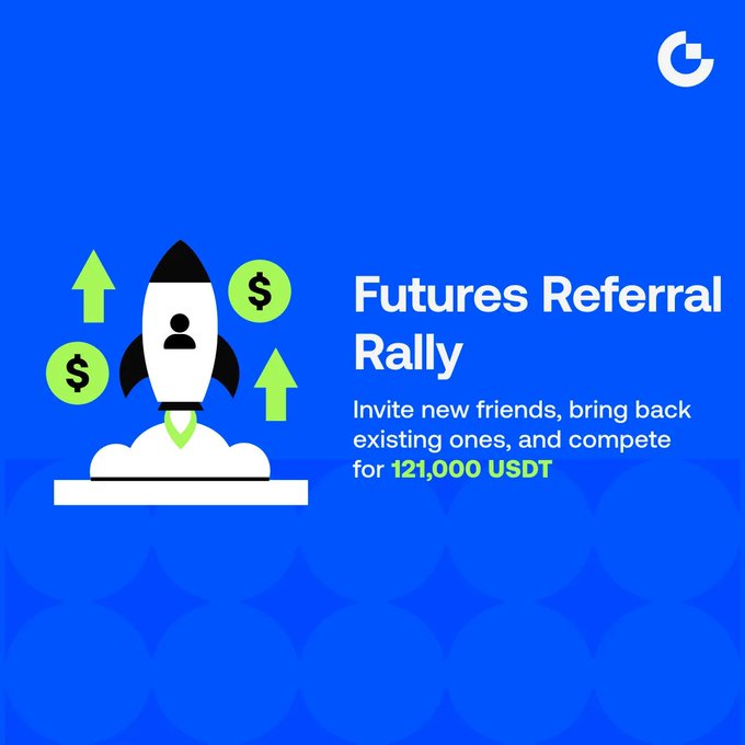 The image is a promotional graphic for the "Futures Referral Rally," featuring a rocket illustration with dollar signs and upward arrows against a blue background, advertising a 121,000 USDT prize pool for inviting new and existing friends to trade futures.