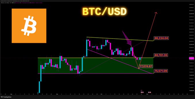 A BTC/USD candlestick chart shows Bitcoin price action recovering from the $75,571.09 support area toward $80,701.35, with resistance marked at $86,234.04. The chart illustrates the accompanying post’s claim that “$BTC is sitting on support which was prev resistance,” as price appears to be retesting a former resistance zone.