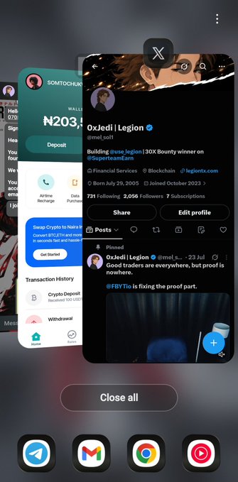 The image shows a smartphone screen displaying two open apps: a crypto wallet showing ₦203,070.00 with options like "Airtime Recharge," "Data Purchase," and "Crypto Deposit," alongside an X (formerly Twitter) profile for "Oxledi | Legion (@mel_sof)" with 731 followers and a pinned tweet mentioning "@FBYTig is fixing the proof part." The post's reference to "2000+ People believe in me" appears connected to the X profile's follower count and engagement shown on the screen.