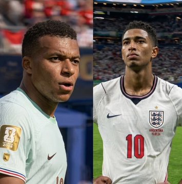 A side-by-side image showing two soccer players: on the left, a player in a white Nike Netherlands jersey from the 2022 World Cup, and on the right, a player in an England jersey with "ARGENTINA 9/12/22" and the number 10 visible. The image relates to the post about a Polymarket trader betting heavily on France to win, highlighting the world of soccer/football prediction markets during major tournaments.