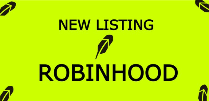 A bright green graphic with black text announcing 'NEW LISTING ROBINHOOD' with feather icons.