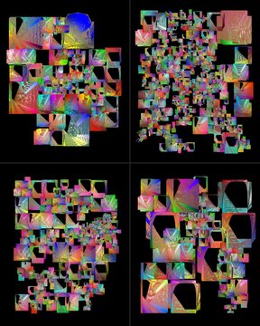 Four quadrants of colorful, abstract neural network or computational visualizations with rainbow gradients on a black background.
