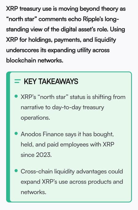 The image features a white background with text that includes three bullet points about Bitcoin, XRP (XRPT), Ripple, and XRP Treasury Use being used for moving beyond theory as "North Star" comments echo Ripple's long-standing view of digital asset's role, payment methods, and liquidity underSCORES its expanding utility across blockchain networks. The text also discusses key takeaways related to Bitcoin, Ripple, and XRP Treasury Use in an image that reads: 
 : Key takeaways: [1]  XRPT "North Star" status is shifting from narrative to day-to-day operations; [2]  cross-chain liquidity advantages could arise if XRPT use were expanded across networks; [3] XRP's (noun1) status is shifting from narrative to operation.
