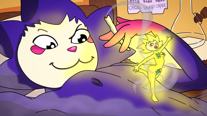 An animated cartoon scene featuring a large purple cat-like creature with a sinister smile next to a small glowing yellow cat-person character, with a sign reading 'CHAOS WEIRD ORDER'.