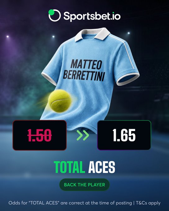 A promotional advertisement for Sportsbet.io featuring a light blue 'MATTEO BERRETTINI' tennis jersey, a tennis ball, and odds of 1.58 boosted to 1.65 for 'TOTAL ACES'.