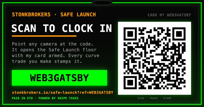 A 'STONKBROKERS • SAFE LAUNCH' digital card with QR code labeled 'WEB3GATSBY' that can be scanned to clock in, with instructions to scan, trade, and stamp the card, paid in ETH.