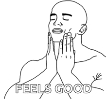 A stylized line drawing of a bald, bearded person pressing their fingers to their cheeks with a blissful expression, captioned "FEELS GOOD" at the bottom. The image humorously conveys the satisfaction of having successfully integrated a business on the blockchain.