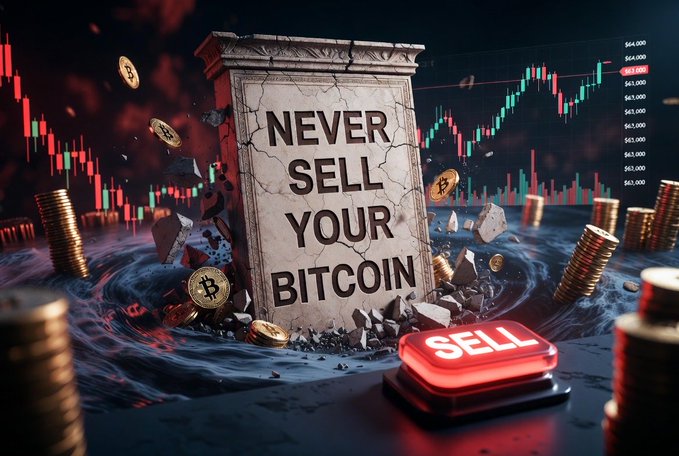 A dramatic digital artwork showing a stone tablet reading 'NEVER SELL YOUR BITCOIN' surrounded by crashing gold coins and a red 'SELL' button, set against a candlestick chart background.