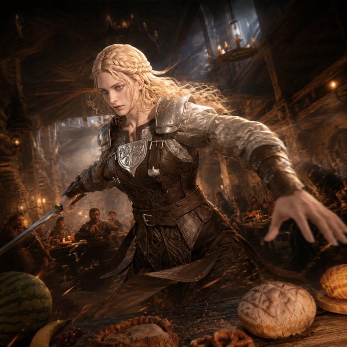 A blonde, armored warrior wields a blade in a dimly lit tavern, cutting through bread and fruit on a wooden table while patrons watch in the background. The dynamic action shot visually reinforces the post's message about the dual nature of MMO gameplay—individual prowess leading the charge, but true victory requiring team coordination.