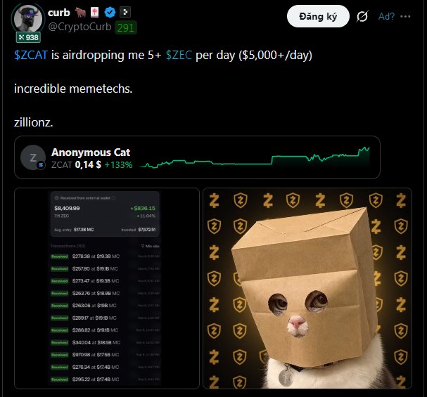 A tweet by @CryptoCurb stating '$ZCAT is airdropping me 5+ $ZEC per day ($5,000+/day)', showing a wallet balance of $8,409.99 with rewards received and an image of a cat wearing a paper bag.