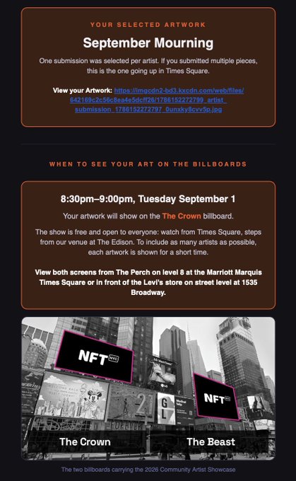An email notification titled 'September Mourning' announcing a selected artwork for a Community Artist Showcase, scheduled to appear on NFT NYC billboards at Times Square (The Crown) and 1535 Broadway (The Beast) on Tuesday, September 1, between 8:30pm-9:00pm.
