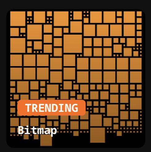 An orange and brown bitmap-style square graphic features a tiled mosaic pattern with a "TRENDING" label in an orange rounded box and the word "Bitmap" in white text at the bottom left.